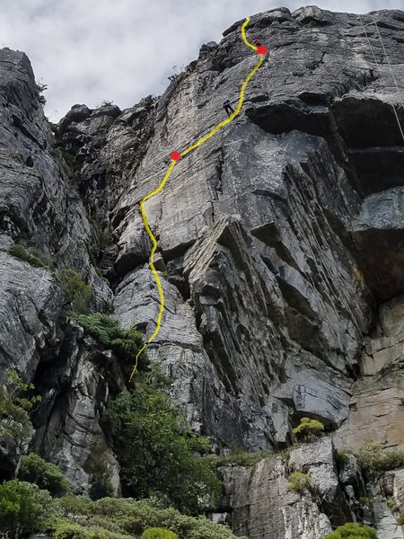 Start is hidden behind the trees but is easy to find once you solo up onto the large ledge.