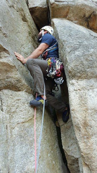 Leading up chimney on "Layback" in the Near Trapps, The Gunks, NY. April 2017.