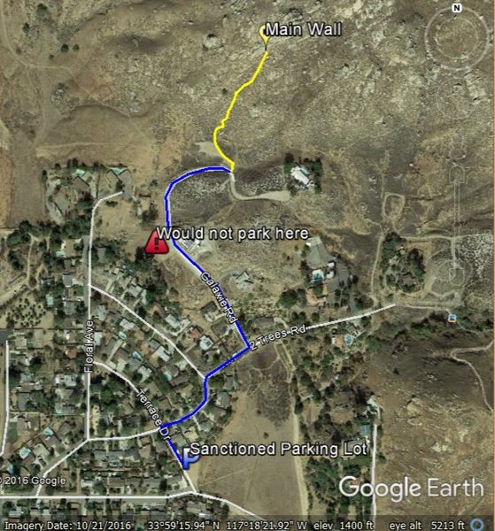 GO THIS WAY. Lots of bad approach beta here. Park at the "P" follow the blue line on roads, then the trail that's marked with the yellow line. Anything else is madness.