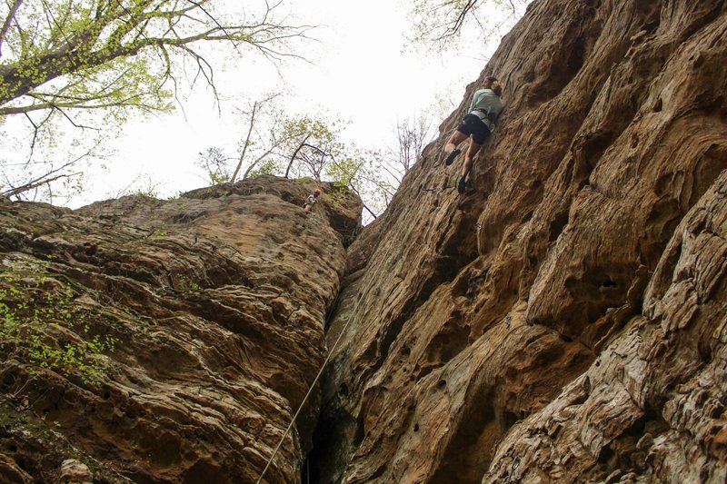 Off-width straight up the center. Note rappel ledge near top and left.