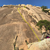 -This is a view of the route from just below the first belay stance.<br>
-Marked is P1 of a possible two if you continue up the crack and traverse to the anchor above Water Streak.<br>
-The O=Belay position. <br>
-P1 is almost exactly the length of a 50m rope. Bring 2 to rap down