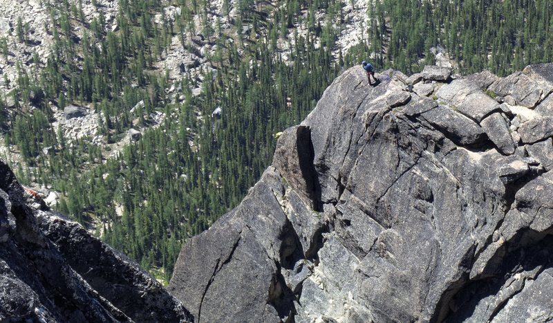 The final belay of the West ridge of Paisano Pinnacle