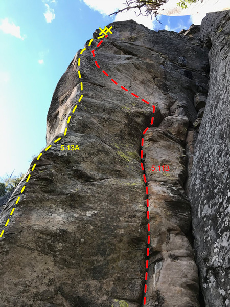 A 13A goes up the Arete and an 11A-B for up the face. The 13A easily has the cleanest and best rock in the area. It is mostly bolted but they say to bring gear to 1 inch as well. The 11b is mixed as well.