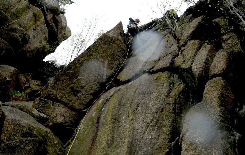 Rappel on a rainy day.