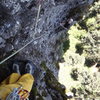 Looking down to the belay atop pitch 3, a few meters up into pitch 4.<br>
<br>
Photo by Mauricio Herrera Cuadra.