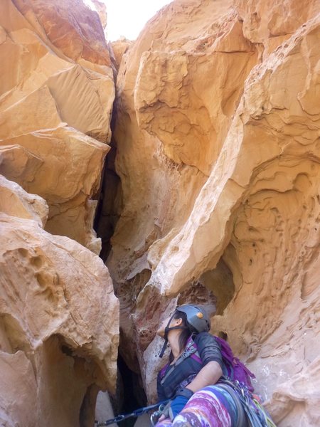 Giselle looking up the start of P3 ("The Floating Platforms") from the belay.