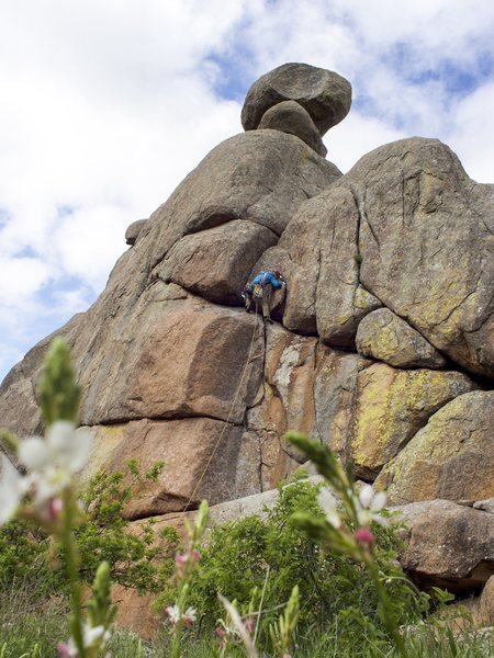 Enjoying the easier climbing above the crux