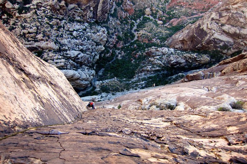 Pitch 8 of Epinephrine--the super good stuff! April 2017. Note at least ten climbers on the rest of BV wall below and to the right of the climber.