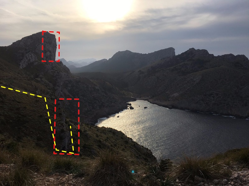 From the tight turn on the road, just before the better pull out. Xon Xanquete (below) and El Fumat (above) crags both visible.
<br>
<br>
The yellow line marks the Xon Xanquete approach.
