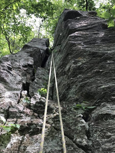 My top rope setup. I ended moving it over to the top of the tower as it was getting pinched between the tower and the face that it's slightly detached from.