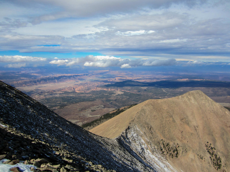 Looking down the summit ridge of Mt. Tuk with the Moab Valley beyond. October 2012