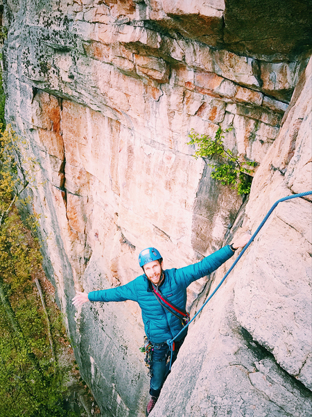 Ben Hoste on Birdland topping out the first pitch. Photo by Chris Gregory. May 2017.