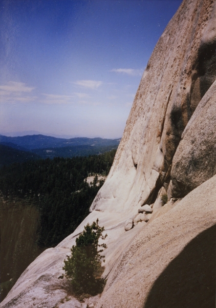 View of the big ledge The X Crack and the top head wall. First ascent photo