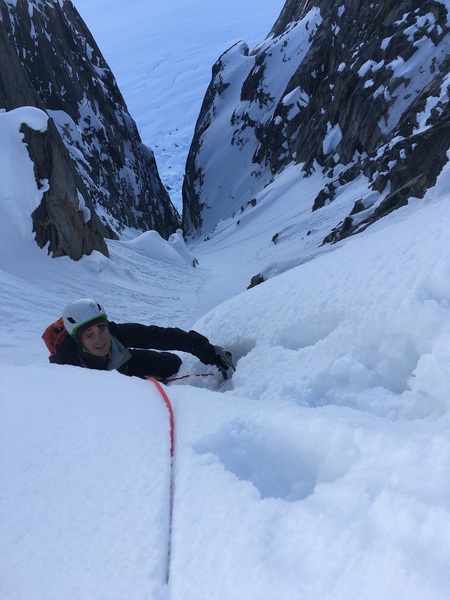Mik getting ready to pull over the cornice and onto the col.