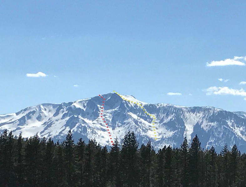 Cross Couloir in red. Northeast slopes in yellow. Photo taken 5/20/17.