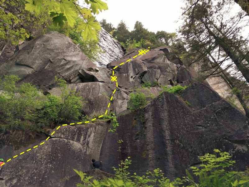 View of first 2 pitches of Great Northern Slab route.