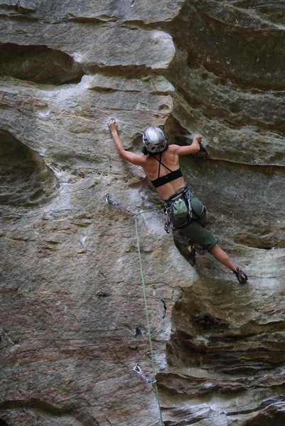 Girl beta for the crux - I felt too extended going left, so I stayed entirely right of the bolt line until both feet were even with the bolt. What an awesome route!