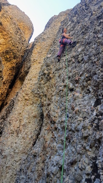 Joi was all smiles on the first ascent of Lucy's Perch 5.8-, Cragganzenden.