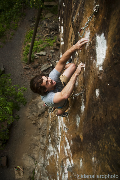Fat Eddie deadpoints to crimp on Opposing Gravity 5.13c, on the Big Wall at Birdsboro, PA. 2017. danallardphoto.com