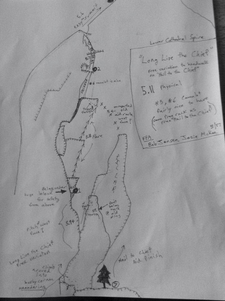 Upper variation topo
<br>
The "unreported aid route" is the upper north face Rowell/Macdonald 6/1962
