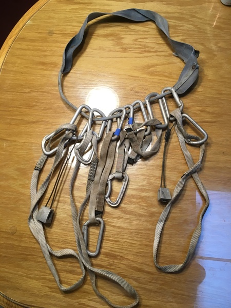 A very old rack (1980s? 90s?) found recently by Marta Reece and I near the bottom of the gully descending down to the west from Low Horn 4. It's likely that the rack was washed down the gully from higher up. The only pro still attached to the rack is 2 nuts (#8-9). Some of the slings are Blue Water and most the carabiners are Wild Country. If you happen to have lost a rack in this area decades ago, we'd love to hear the story.