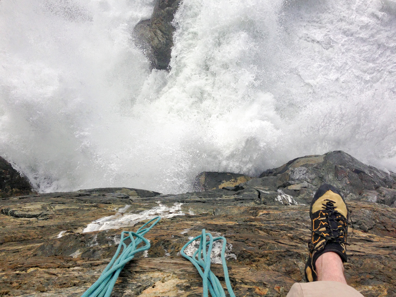 Looking down from the 4th pitch belay, one of the coolest belays on the coast.