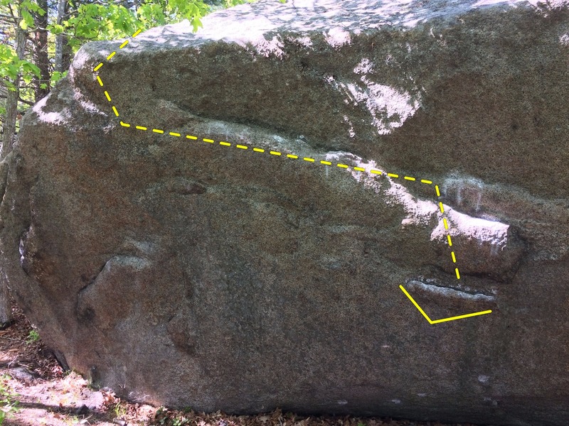 Tough route. At first it looks like there's nothing whatsoever for your feet to start, but there are a couple small nubs that help a lot.