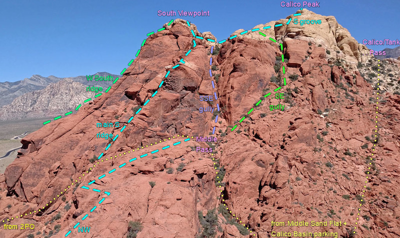 SouthEast side of Calico Peak:
<br>
* W South Ridge
<br>
* main South Ridge
<br>
* S Groove
<br>
* SSE Gully
<br>
* SE Gully
<br>
* NW ridge connect from Red Book Point
<br>
. (yellow = approach scrambles)