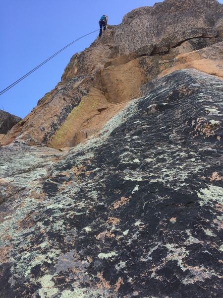 The start of the 5.11 pitch, climb into tricky corner and use hidden holds to pull the lip above