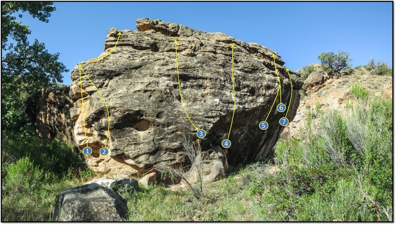 Nick's way more helpful beta for the whole boulder.
<br>
<br>
House of Ill Repute's north face:
<br>
<br>
1. Ground Keeps Coming Up.
<br>
2. East Creek Posse.
<br>
3. Make a Hole.
<br>
4. Imaginative Arthritis.
<br>
5. Fight the Sky.
<br>
6. A Different Function of the Larynx.
<br>
7. Sexually Transmitted Ghost.