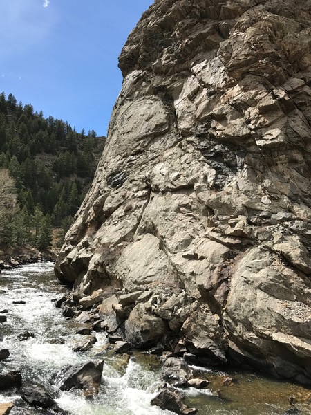 Fish Bowl from downstream. The climber visible on the skyline is on Guppy, to looker's left of Fish Bowl and Crack Side.