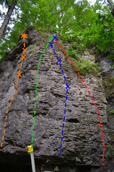 Photo of routes: J-Ella (5.10b) (Orange) Jared the Juggernaut (5.6)(Green), Excellent Ella (5.6) (Blue) and Right Arete (5.5)(Red)
