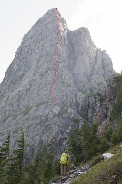 Route overlay from approach (Small red dots = Belays)