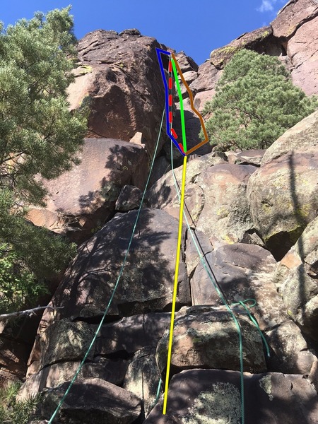 As the description says, a number of lines on this route. The bottom section up to the tree is easy. From there you can:
<br>
<br>
Go to the left wall.
<br>
<br>
Chimney in under the left wall.
<br>
<br>
Take the frictiony face.
<br>
<br>
Follow the right crack.