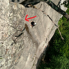 Anthony DiDonato on Thin Air, Cathedral Ledge, NH. Note the red arrow for the location of the loose flake on the third pitch (6/10/2017)