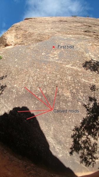 Unknown climb
<br>
Carved holds are an atrocity and a sure way to ban climbing. First bolt is unnecessarily high.