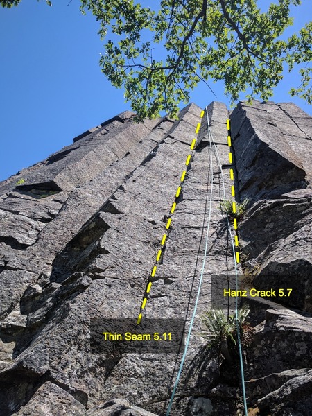 Hanz Crack 5.7 on the right and Thin Seam 5.11 on the left, June 2017