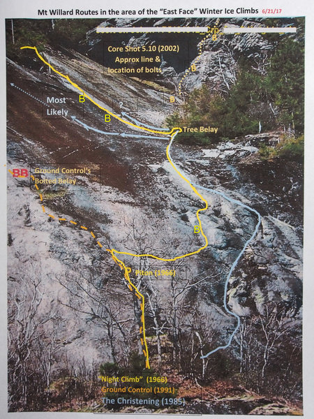 Top Part of "A Night Climb" (yellow) with the alternate pitch of "The Christening" shown in blue.
