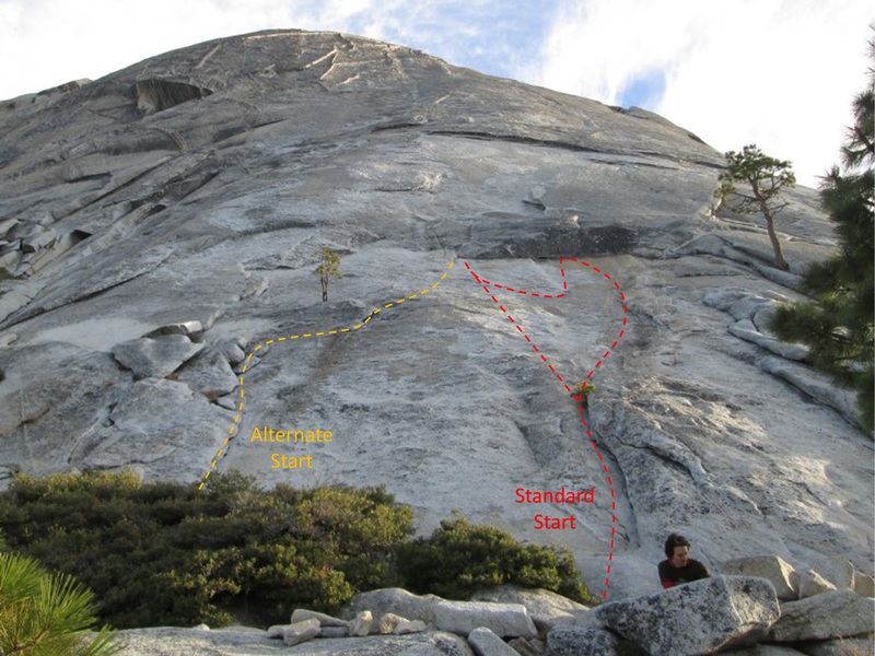 Safer alternate start for Snake Dike. Photo borrowed from "looks easy from here" at SuperTopo and edited.