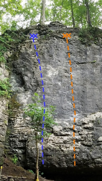 Scrub-a-Dub-Dub (Blue)- 5.9-
<br>
Kept to Memory (Orange)- 5.12a