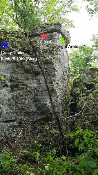 Photo of right arete climb (green), new route (5.8), and Crazy Trailer Bitch (5.10b)