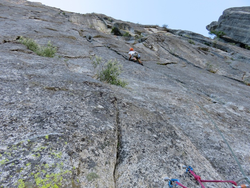 Pitch 4 (first pitch off the top of Chessman Pinnacle). At 10d, this is the first of the hard pitches of the route.