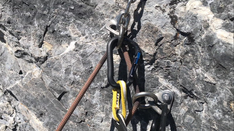 This is the top anchor, at the end of several meters of super slab. Third bolt is out of the photo. Lots of room to stand comfortably, or sit if your anchors are long enough. Lots of choss, be super careful not to start a pebbleslide.