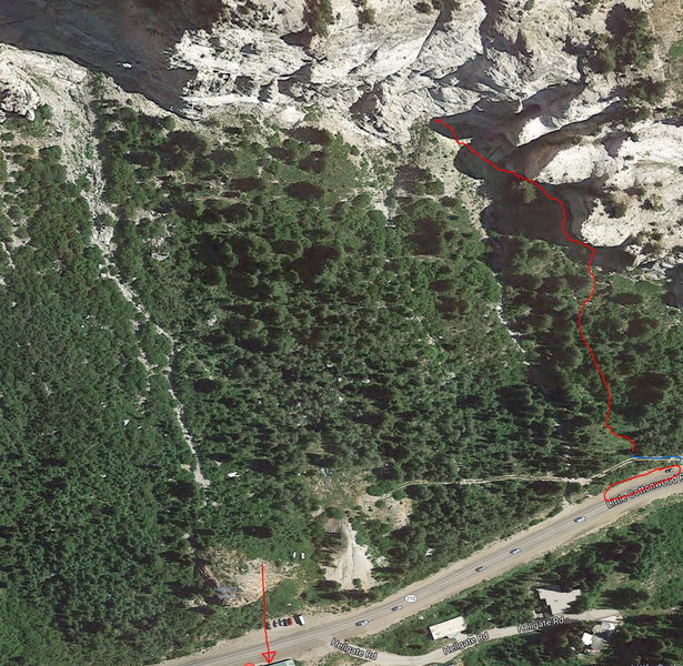 Hellgate Condominiums is the red arrow at the bottom. The beginning of the climb is the red dot at the top.
<br>
<br>
You can park anywhere in the red circle, then follow the blue line for 30 feet up the unimproved road, then take the trail and follow the red line up to emerge just south of Tower 2.
