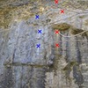 Photo of Tire Fire (5.11a) (blue) and Meltdown (5.11c) (red)- shared anchors (purple)