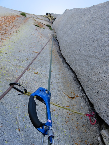 (Pitch 12 after Rockfall.) The C2 (11c) corner. A climber from another party is leading above, while my partner is at the belay anchor to the right of the corner out of view.