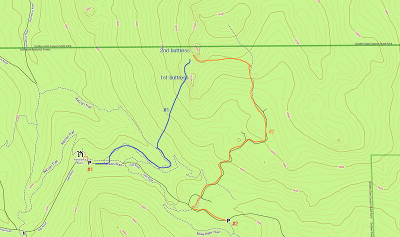 In order to get here, I'd rather take #2 line. We ascended through #1 and descend via #2. Either one is OK, but #2 is way more casual and less bushwhacking.