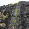 Follows the lightest colored streak of rock.  Guy toproping is climbing between Mauled & BM.