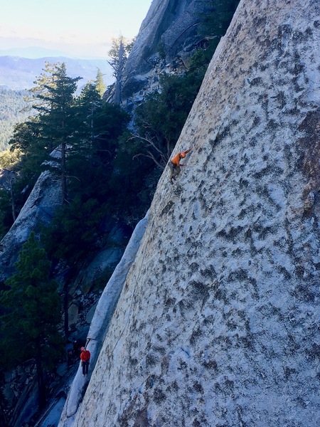 Amir (leading) and myself on the 2nd pitch of Valhalla. Taken by a nice fellow from the top of Insomnia.
<br>
<br>
Such a beautiful, featured slab!