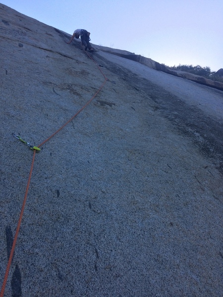 Fun slab climbing on Seven Bolts, first climb on the right on Hippo Wall